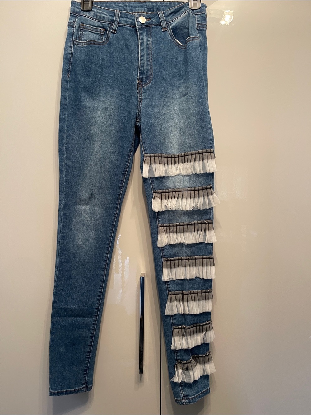 SHEIN Blue Skinny Jeans with White Ruffle Stripes